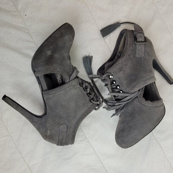 Colin Stuart gray suede booties fringe leather ties tassels stilettos boho 6.5 - Picture 11 of 13